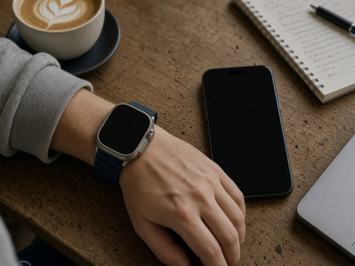 A founder's desk: coffee, a notebook, their iPhone, and an Apple Watch on their wrist, both lighting up with a new subscriber